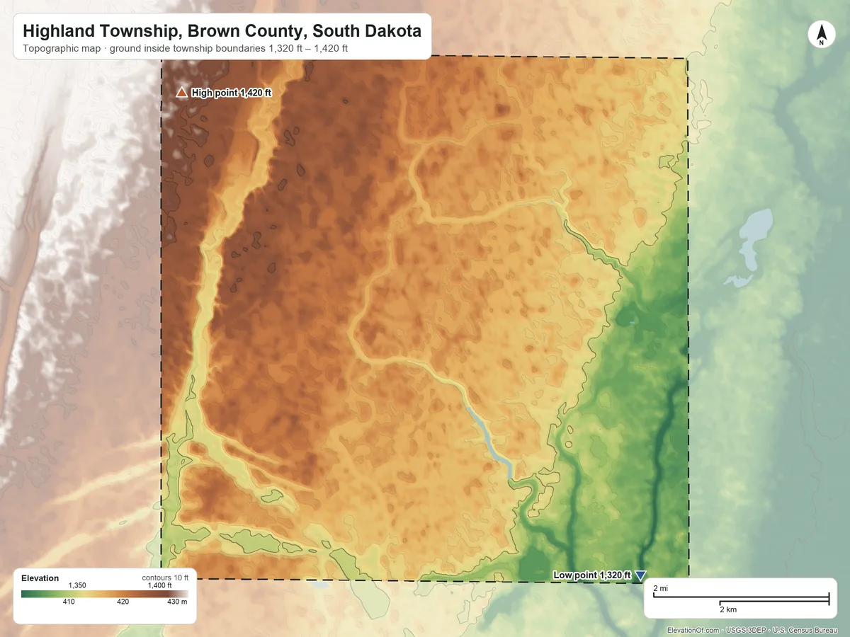 Topographic elevation map of Highland Township, Brown County, South Dakota, shaded from 1,320 ft on the southeast side to 1,420 ft on the northwest side
