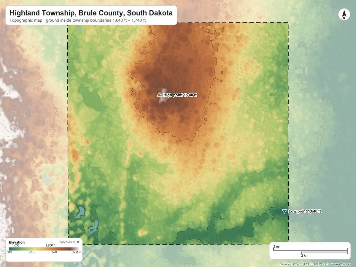 Topographic elevation map of Highland Township, Brule County, South Dakota, shaded from 1,640 ft on the south side to 1,740 ft on the west side