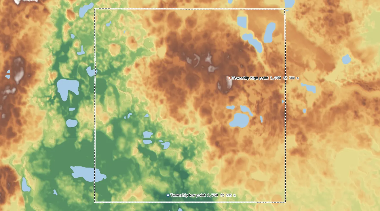 Topographic elevation map of Highland Township, Day County, South Dakota, shaded from 1,760 ft on the south side to 1,900 ft near the middle