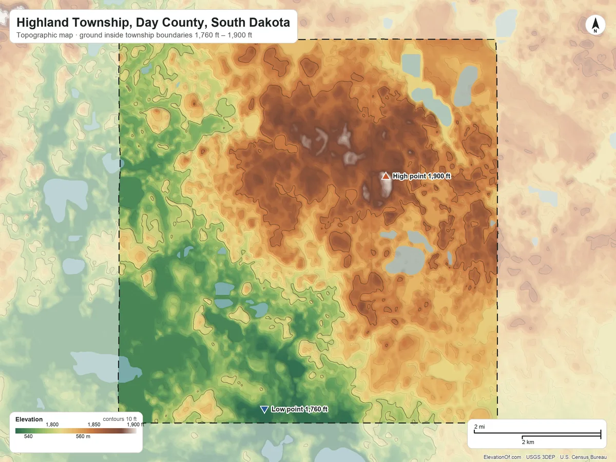 Topographic elevation map of Highland Township, Day County, South Dakota, shaded from 1,760 ft on the south side to 1,900 ft near the middle