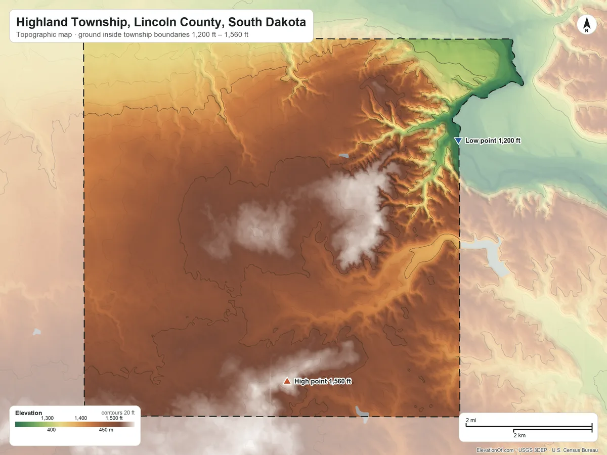 Topographic elevation map of Highland Township, Lincoln County, South Dakota, shaded from 1,200 ft on the northeast side to 1,560 ft on the south side