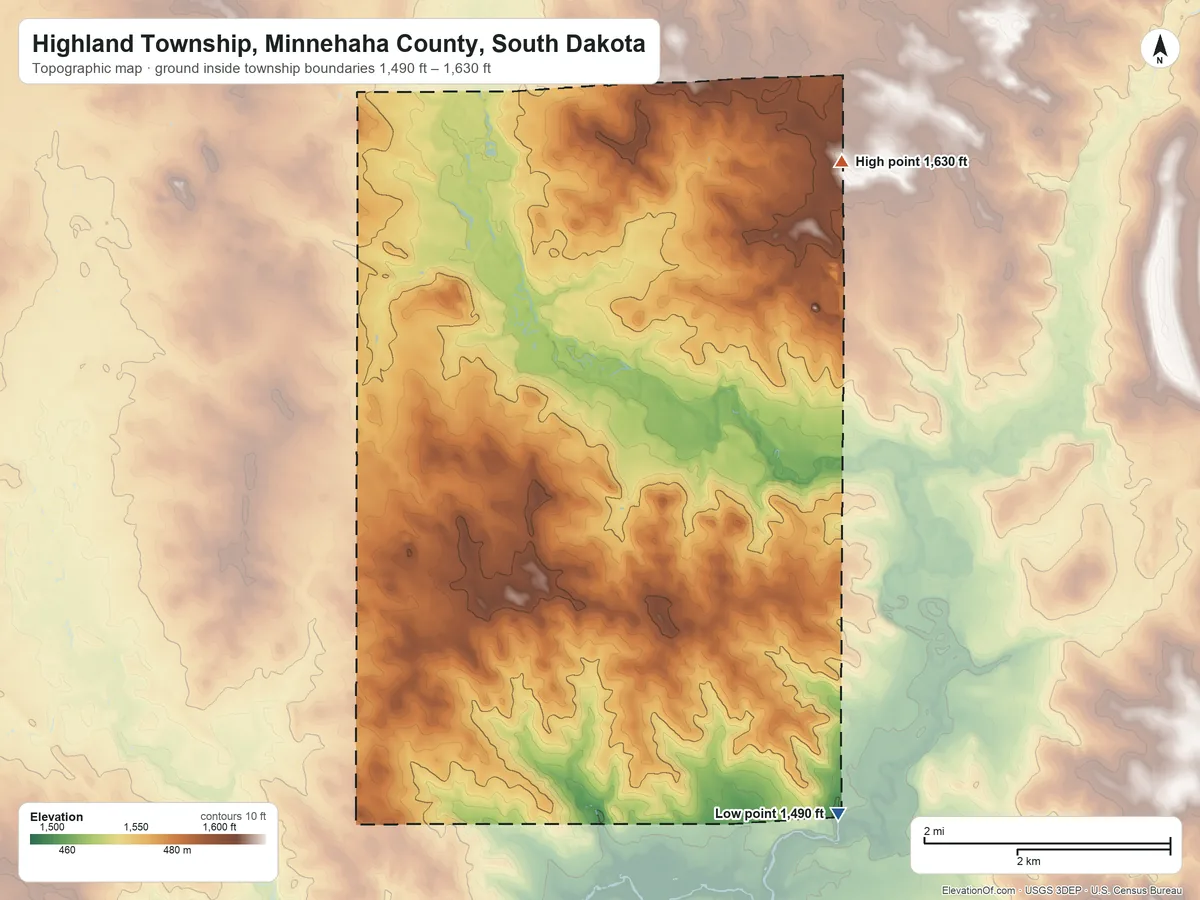 Topographic elevation map of Highland Township, Minnehaha County, South Dakota, shaded from 1,490 ft on the southeast side to 1,630 ft on the northeast side