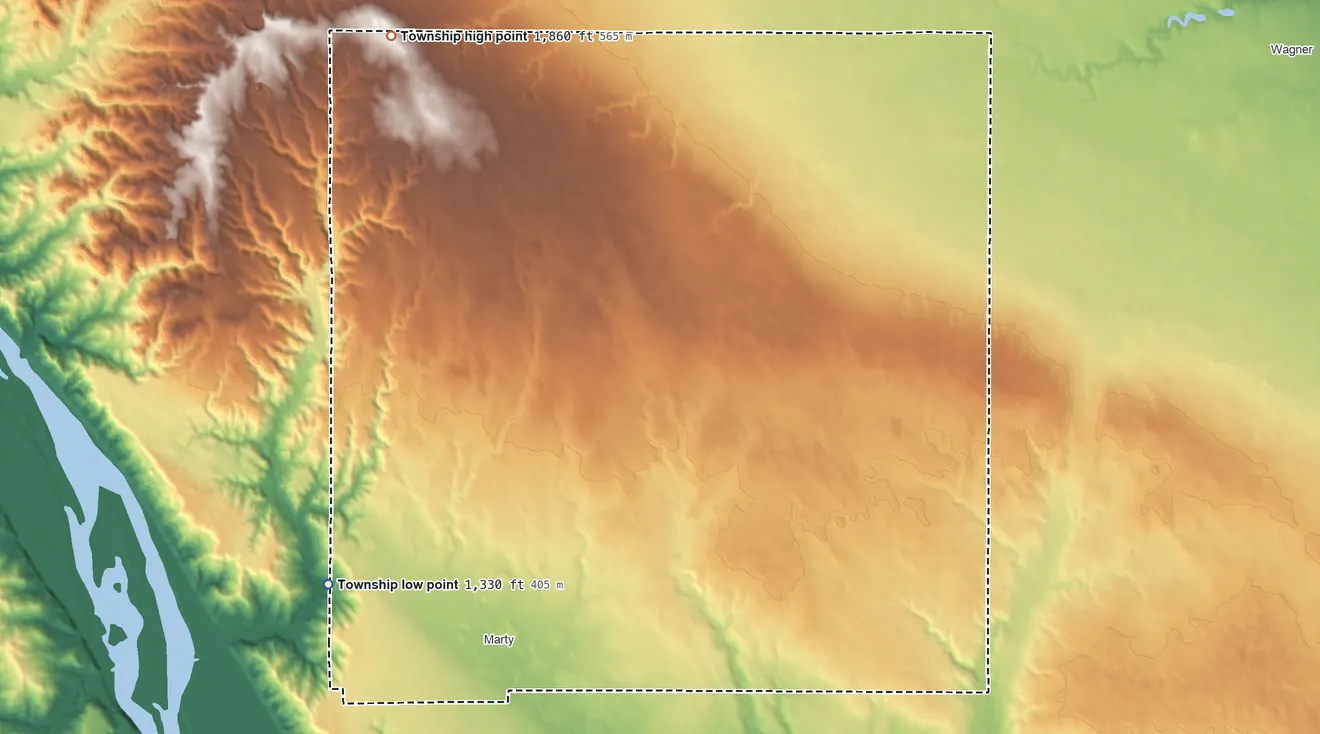 Topographic elevation map of Highland Township, South Dakota, shaded from 1,330 ft on the west side to 1,860 ft on the north side