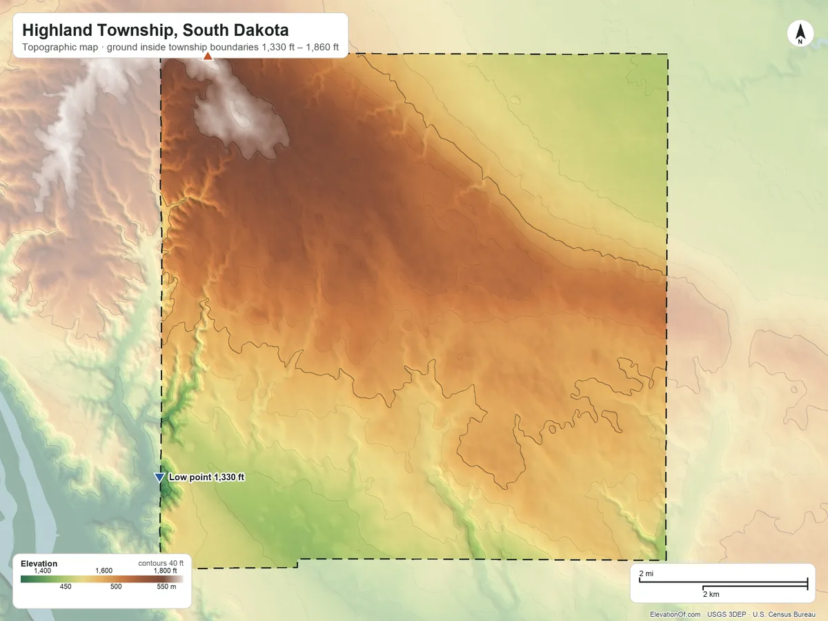 Topographic elevation map of Highland Township, South Dakota, shaded from 1,330 ft on the west side to 1,860 ft on the north side