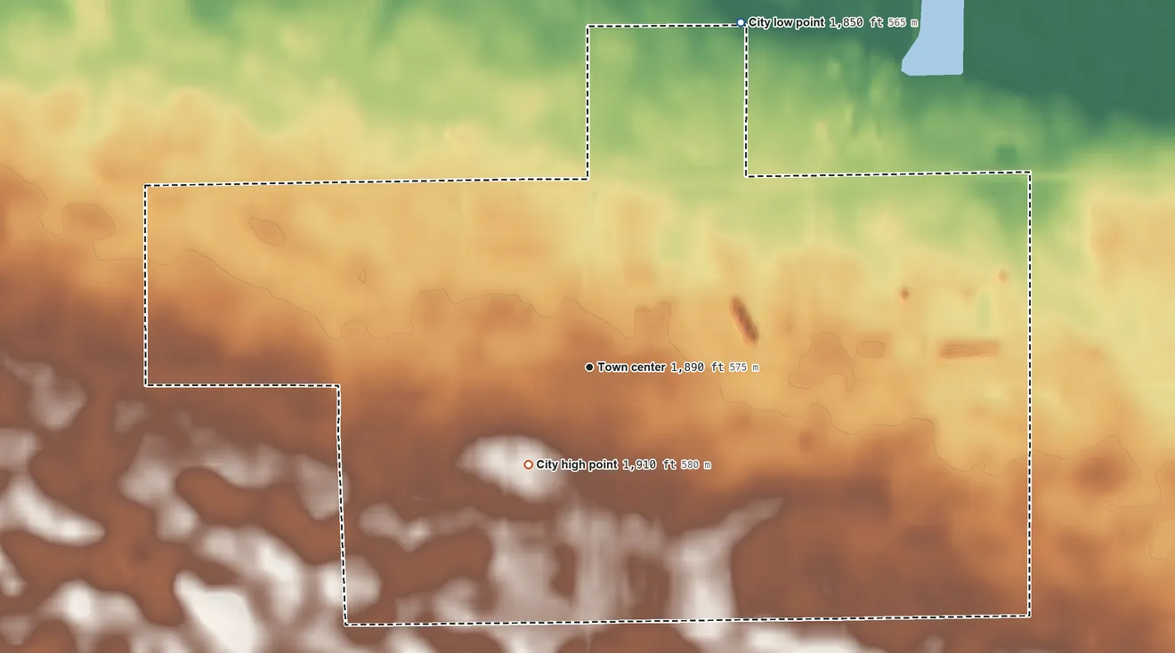 Topographic elevation map of Highmore, South Dakota, shaded from 1,850 ft on the northeast side to 1,910 ft on the southwest side