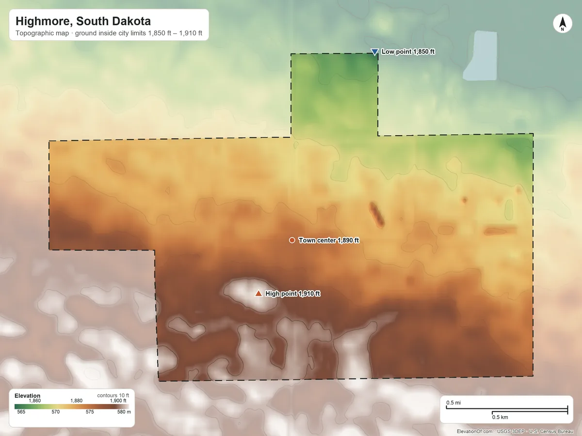 Topographic elevation map of Highmore, South Dakota, shaded from 1,850 ft on the northeast side to 1,910 ft on the southwest side