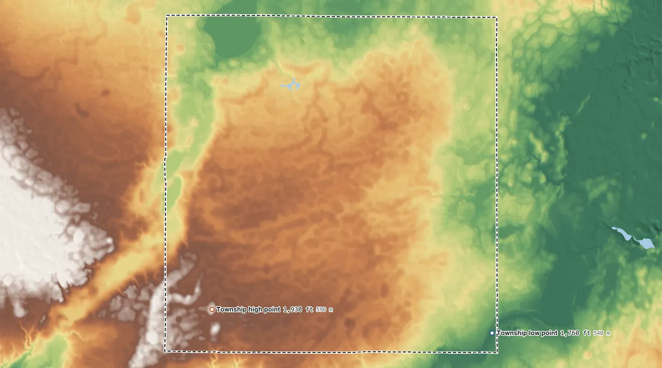 Topographic elevation map of Hiland Township, South Dakota, shaded from 1,760 ft on the southeast side to 1,930 ft on the southwest side