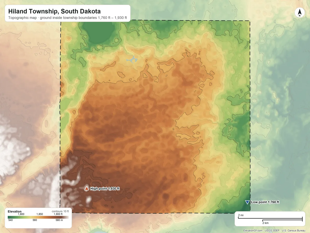 Topographic elevation map of Hiland Township, South Dakota, shaded from 1,760 ft on the southeast side to 1,930 ft on the southwest side