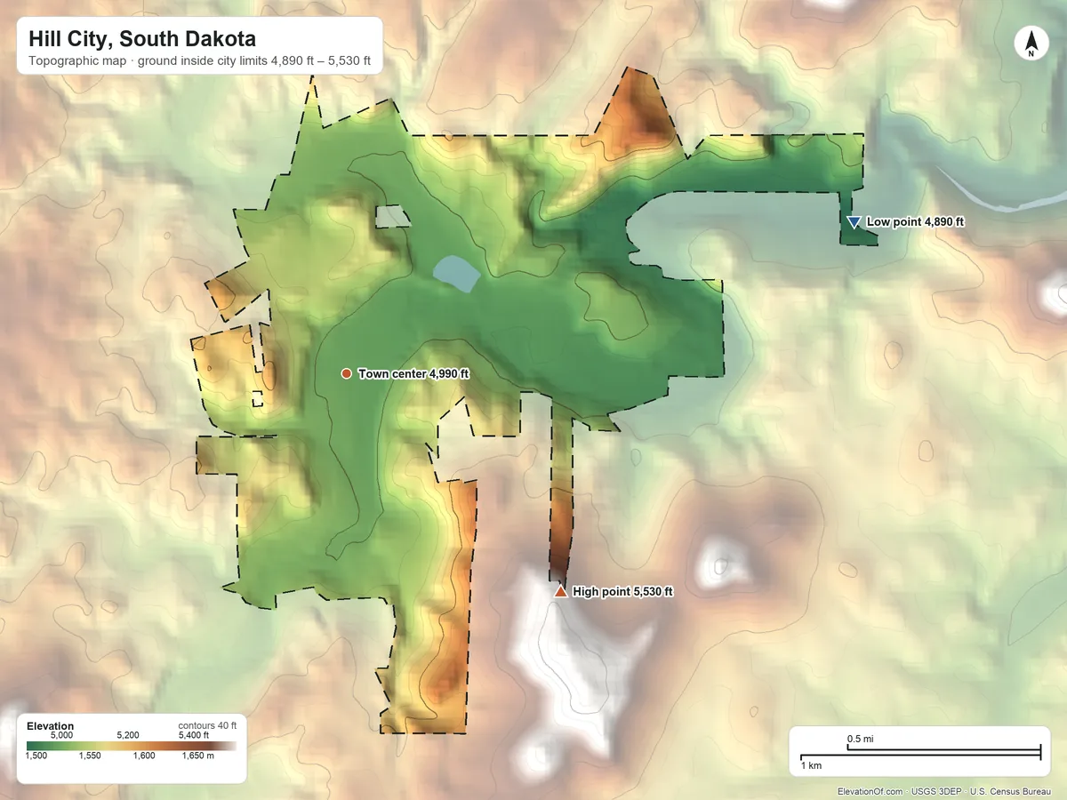 Topographic elevation map of Hill City, South Dakota, shaded from 4,890 ft on the east side to 5,530 ft on the southeast edge, below higher ground just outside