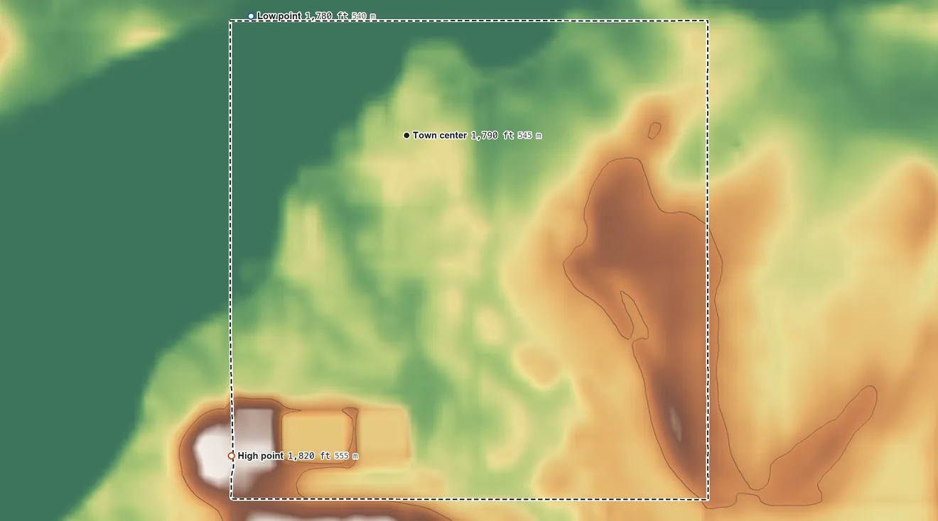 Topographic elevation map of Hillcrest Colony, South Dakota, shaded from 1,780 ft on the northwest side to 1,820 ft on the southwest side