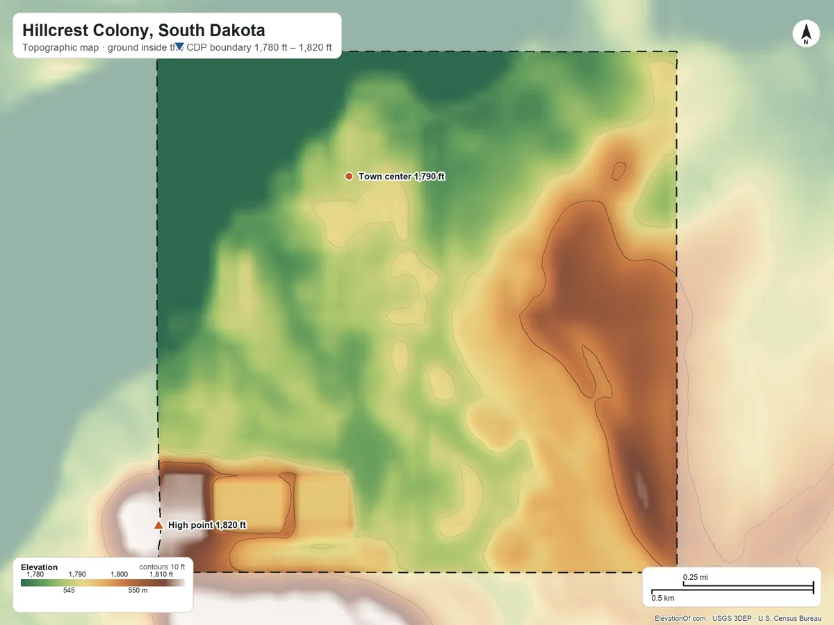 Topographic elevation map of Hillcrest Colony, South Dakota, shaded from 1,780 ft on the northwest side to 1,820 ft on the southwest side