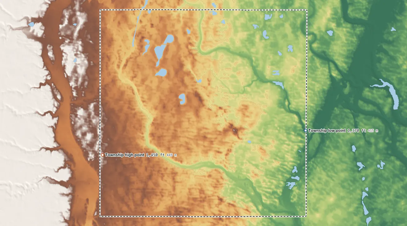Topographic elevation map of Hillsdale Township, South Dakota, shaded from 1,370 ft on the northeast side to 1,450 ft on the west side