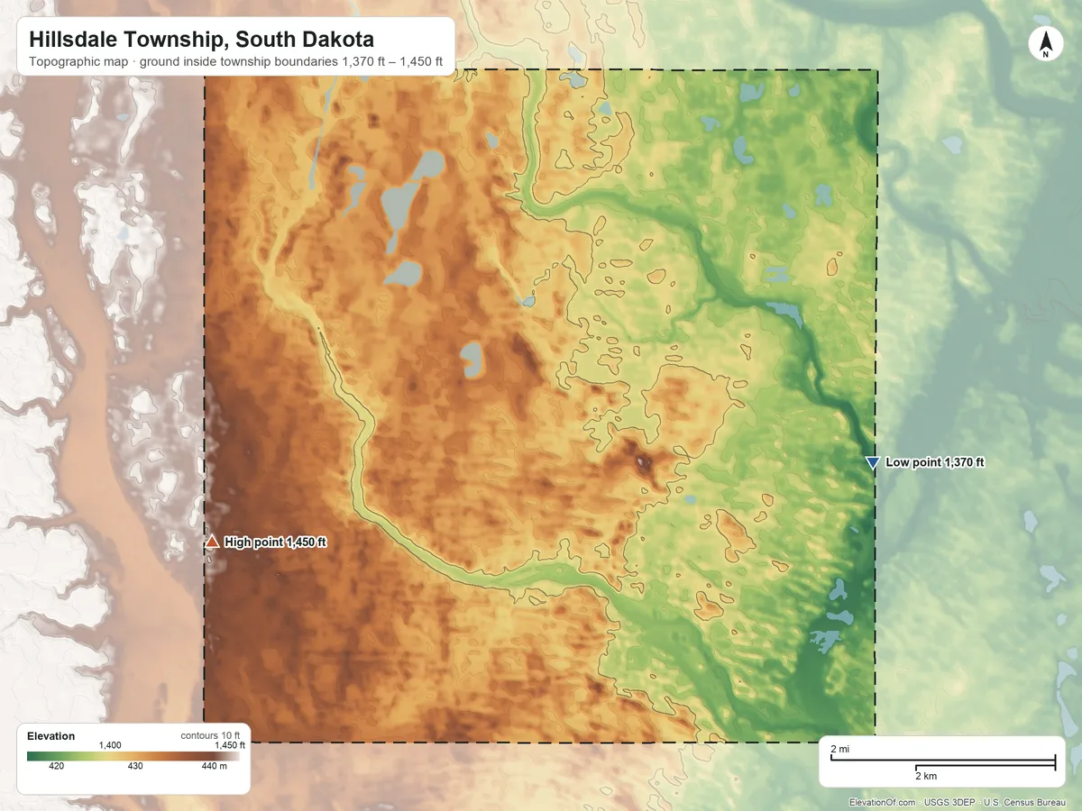 Topographic elevation map of Hillsdale Township, South Dakota, shaded from 1,370 ft on the northeast side to 1,450 ft on the west side