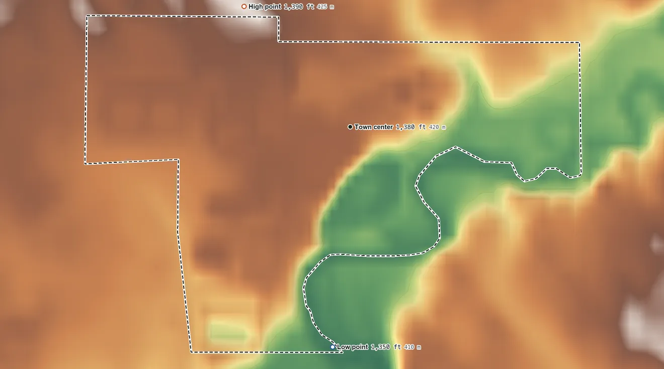 Topographic elevation map of Hillside Colony, South Dakota, shaded from 1,350 ft on the south side to 1,390 ft on the northwest side