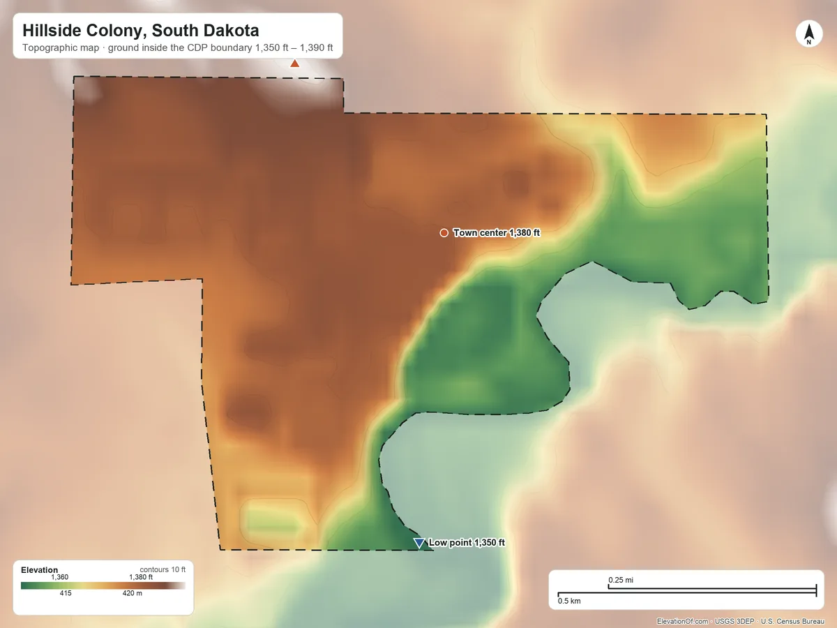 Topographic elevation map of Hillside Colony, South Dakota, shaded from 1,350 ft on the south side to 1,390 ft on the northwest side