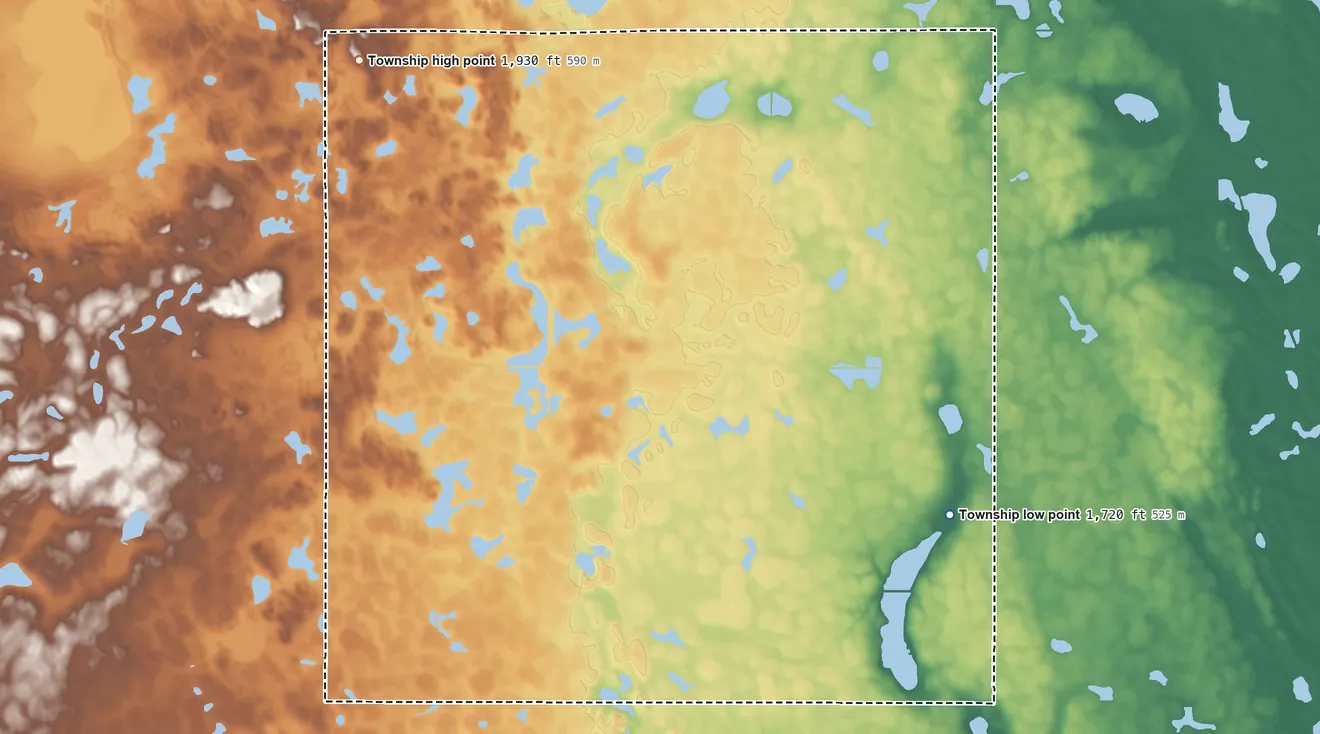 Topographic elevation map of Hillside Township, South Dakota, shaded from 1,720 ft on the east side to 1,930 ft on the northwest side