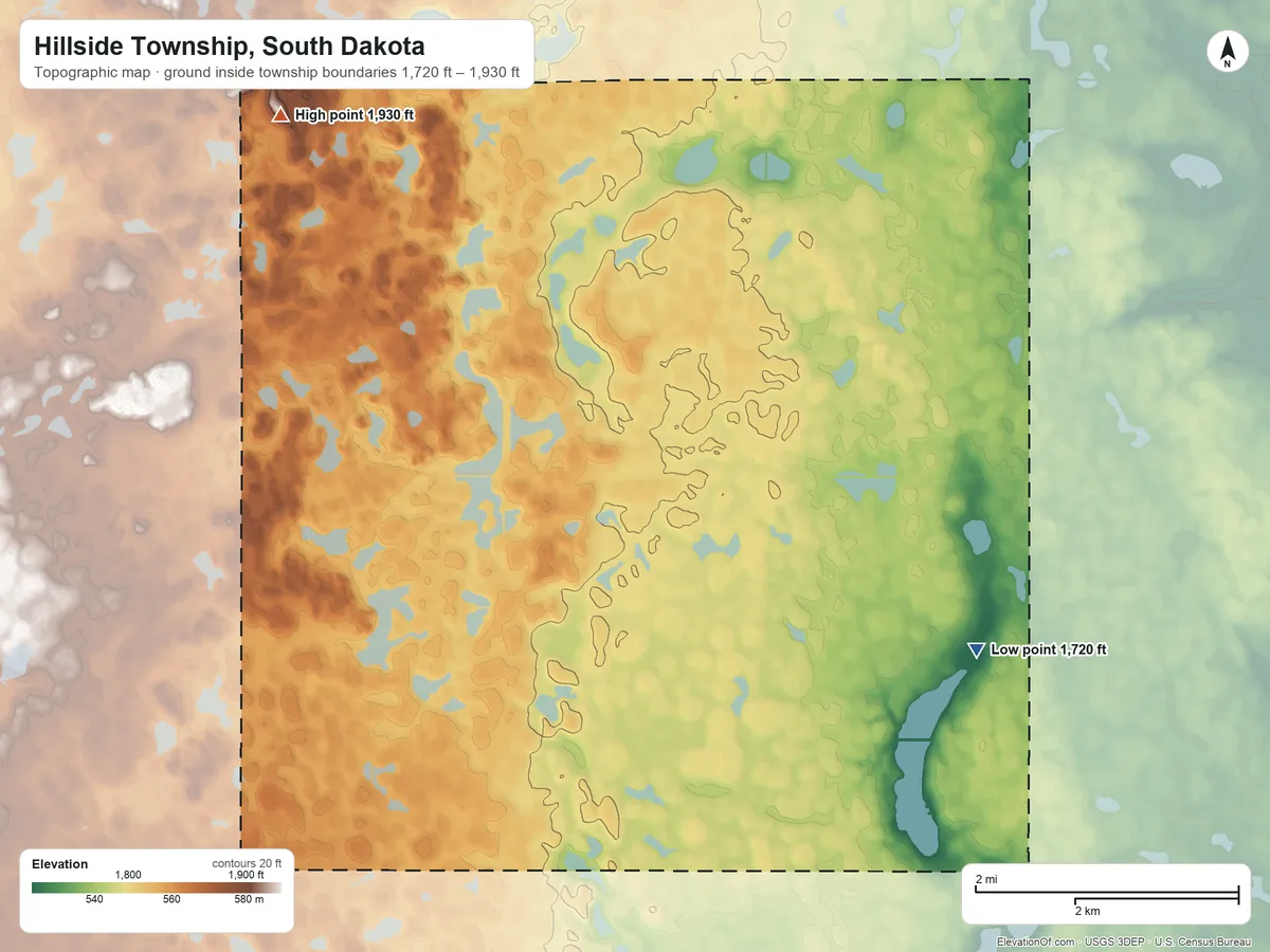 Topographic elevation map of Hillside Township, South Dakota, shaded from 1,720 ft on the east side to 1,930 ft on the northwest side