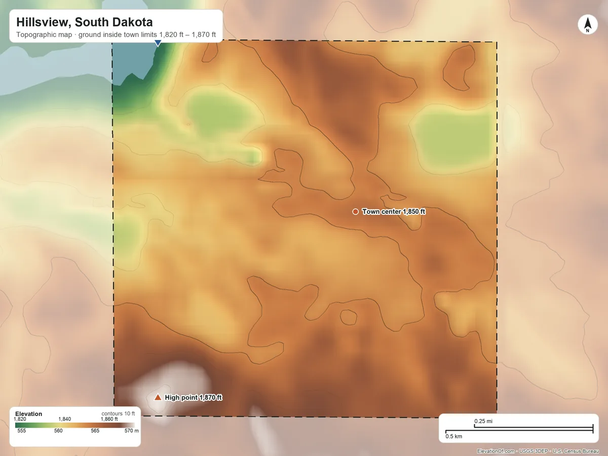 Topographic elevation map of Hillsview, South Dakota, shaded from 1,820 ft on the northwest side to 1,870 ft on the southwest side