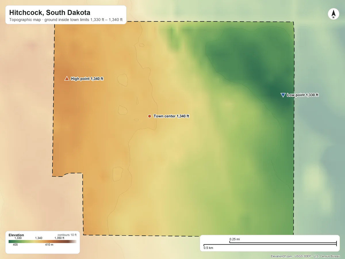 Topographic elevation map of Hitchcock, South Dakota, shaded from 1,330 ft on the east side to 1,340 ft on the northwest side