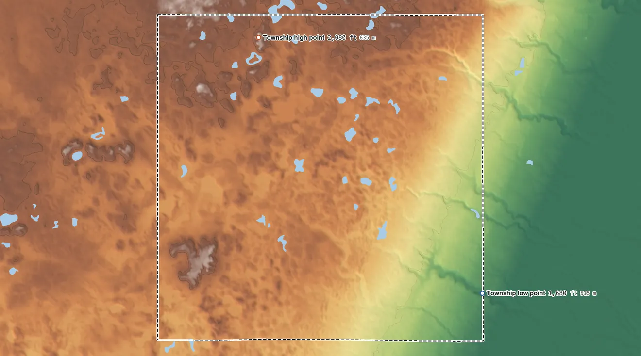 Topographic elevation map of Hoffman Township, South Dakota, shaded from 1,680 ft on the southeast side to 2,080 ft near the middle