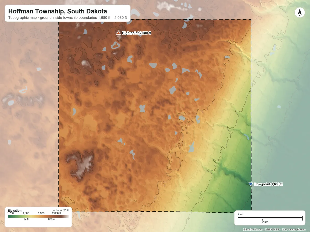 Topographic elevation map of Hoffman Township, South Dakota, shaded from 1,680 ft on the southeast side to 2,080 ft near the middle