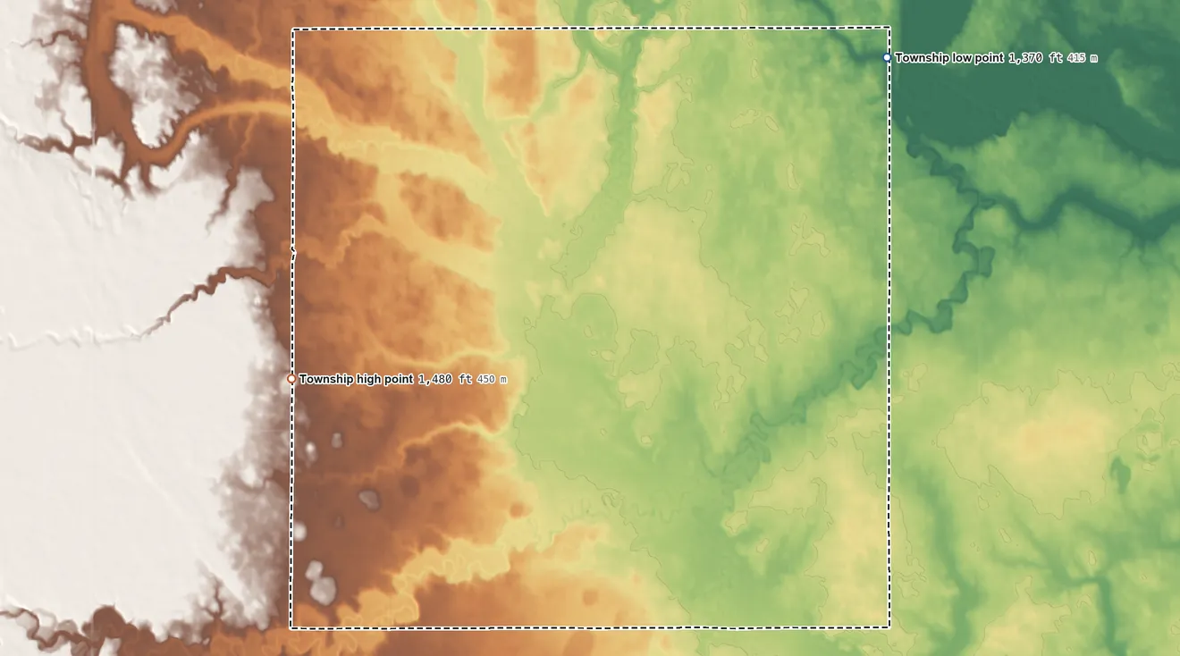 Topographic elevation map of Holden Township, South Dakota, shaded from 1,370 ft on the northeast side to 1,480 ft on the west side