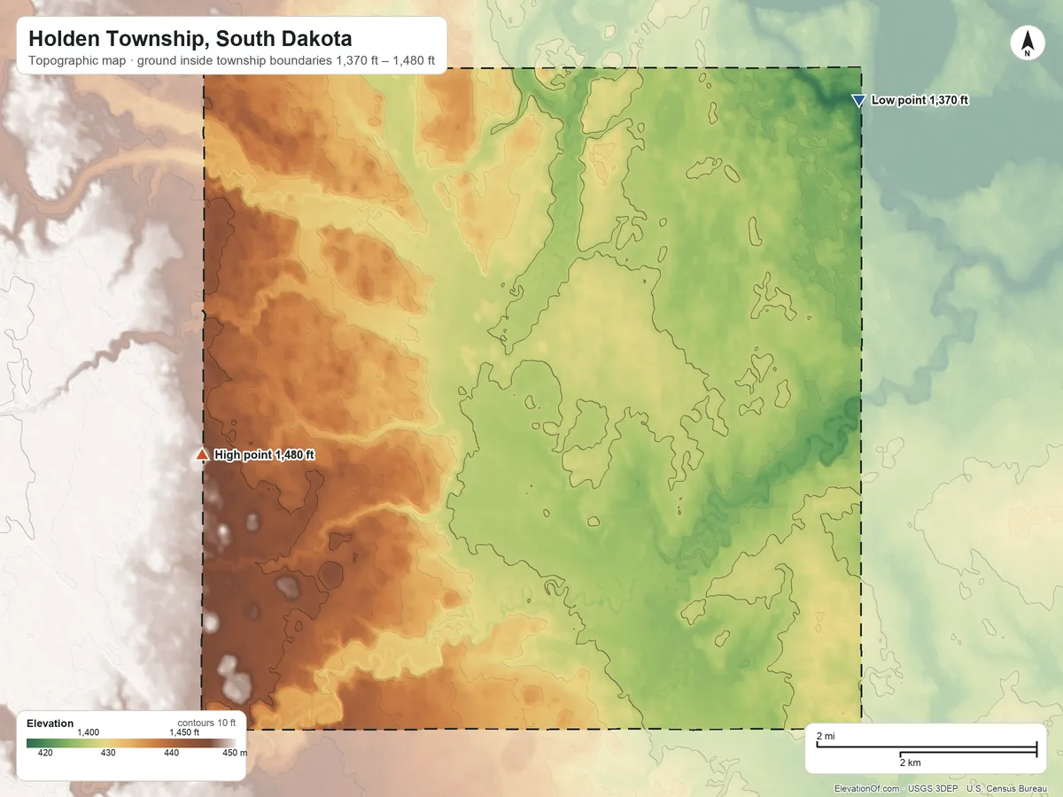 Topographic elevation map of Holden Township, South Dakota, shaded from 1,370 ft on the northeast side to 1,480 ft on the west side
