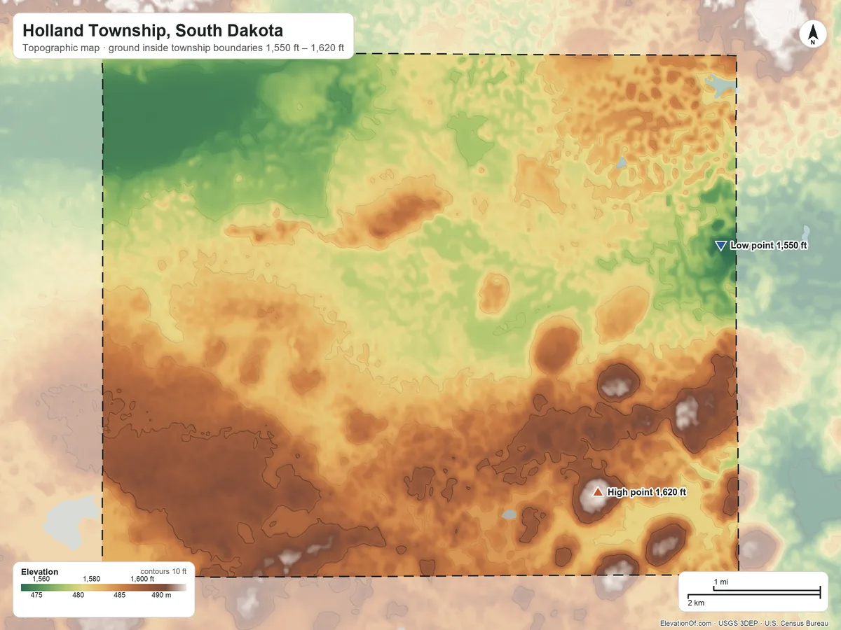 Topographic elevation map of Holland Township, South Dakota, shaded from 1,550 ft on the east side to 1,620 ft on the southeast side