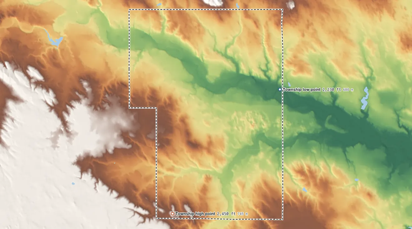 Topographic elevation map of Holsclaw Township, South Dakota, shaded from 2,230 ft on the southeast side to 2,450 ft on the southwest side