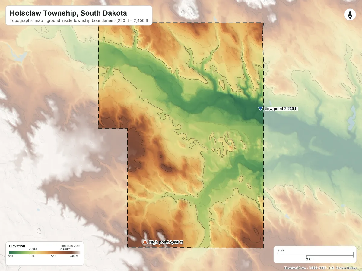 Topographic elevation map of Holsclaw Township, South Dakota, shaded from 2,230 ft on the southeast side to 2,450 ft on the southwest side