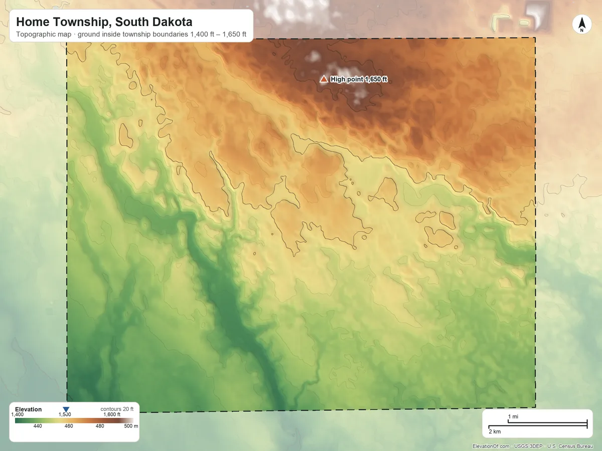 Topographic elevation map of Home Township, South Dakota, shaded from 1,400 ft on the southwest side to 1,650 ft on the north side