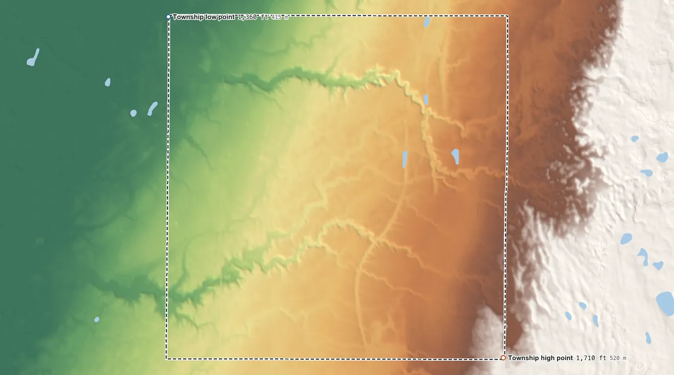 Topographic elevation map of Homer Township, South Dakota, shaded from 1,360 ft on the northwest side to 1,710 ft on the southeast side