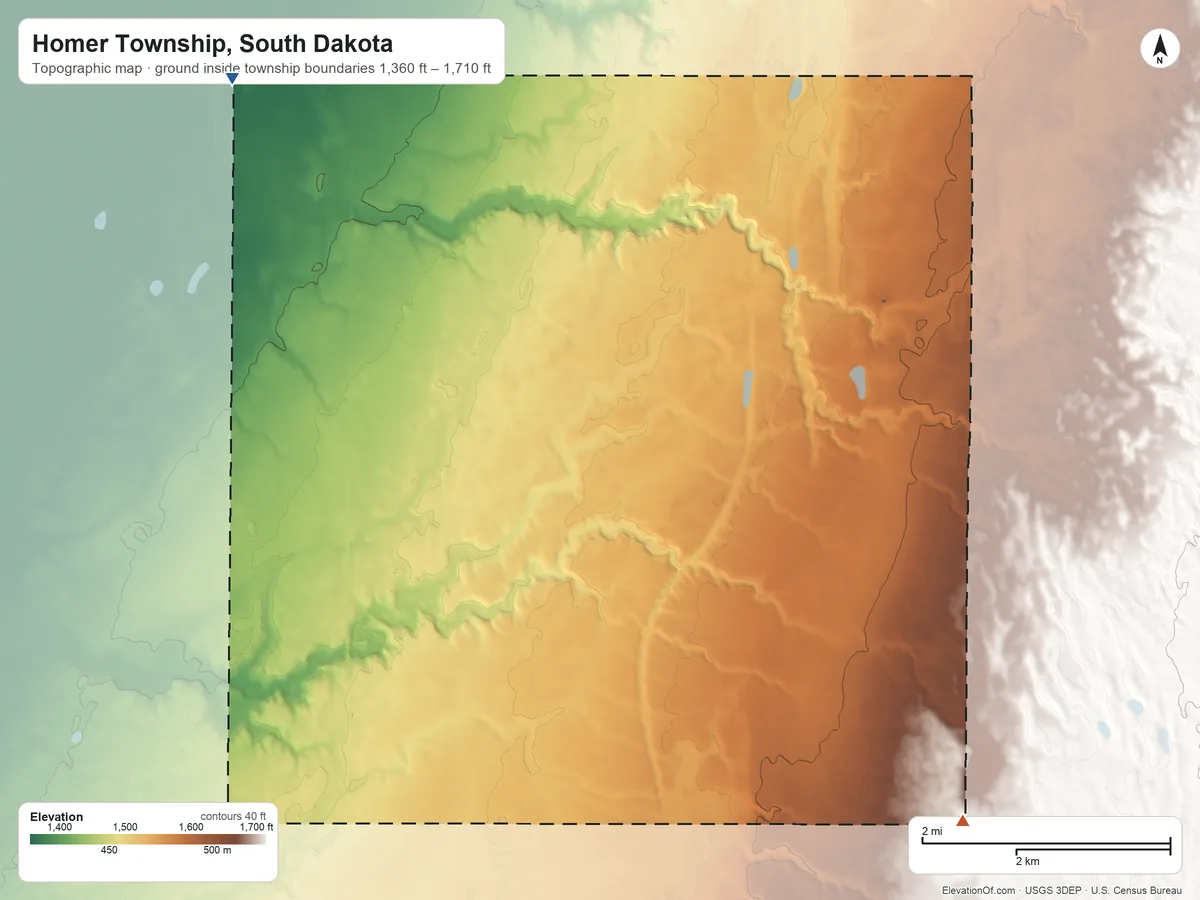 Topographic elevation map of Homer Township, South Dakota, shaded from 1,360 ft on the northwest side to 1,710 ft on the southeast side