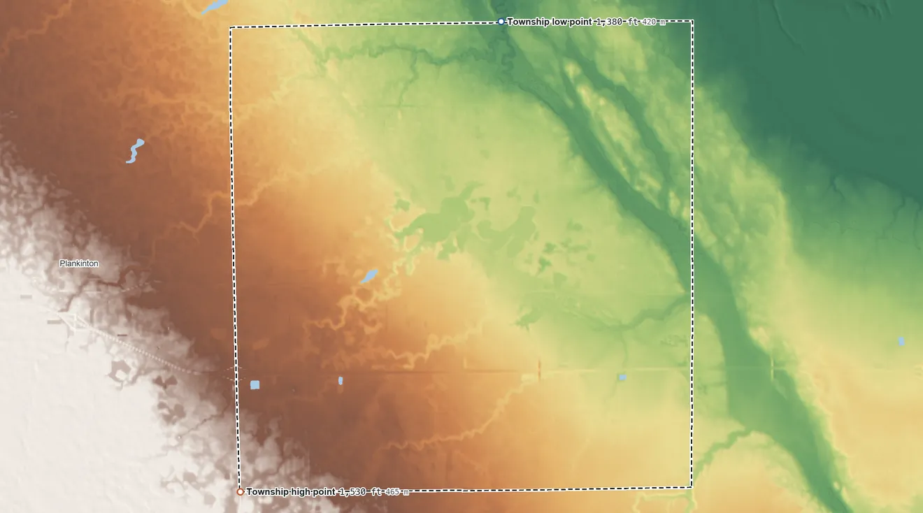 Topographic elevation map of Hopper Township, South Dakota, shaded from 1,380 ft on the north side to 1,530 ft on the southwest side