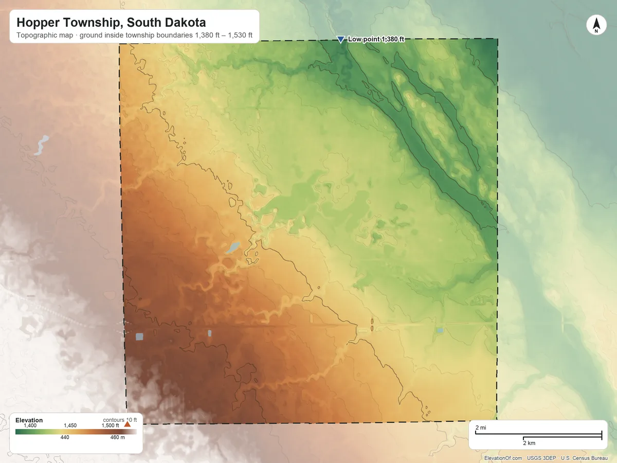 Topographic elevation map of Hopper Township, South Dakota, shaded from 1,380 ft on the north side to 1,530 ft on the southwest side
