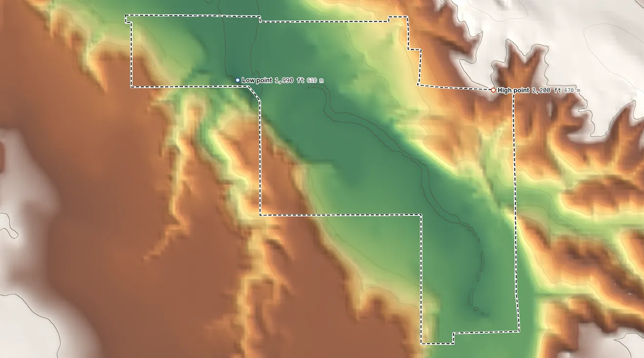 Topographic elevation map of Horse Creek, South Dakota, shaded from 1,990 ft on the west side to 2,200 ft on the east side