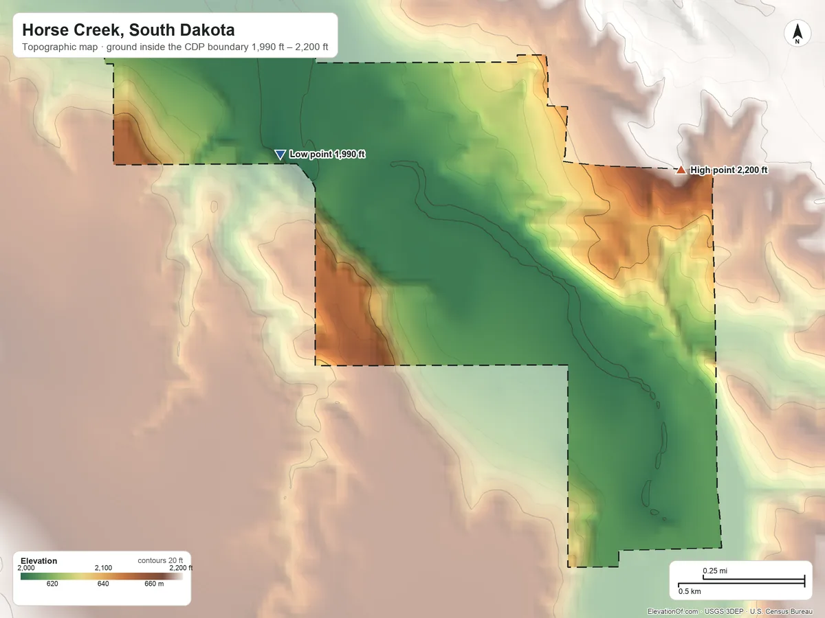 Topographic elevation map of Horse Creek, South Dakota, shaded from 1,990 ft on the west side to 2,200 ft on the east side
