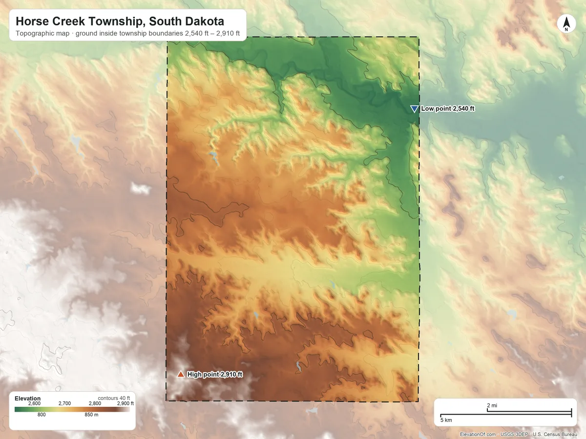 Topographic elevation map of Horse Creek Township, South Dakota, shaded from 2,540 ft on the northeast side to 2,910 ft on the southwest side