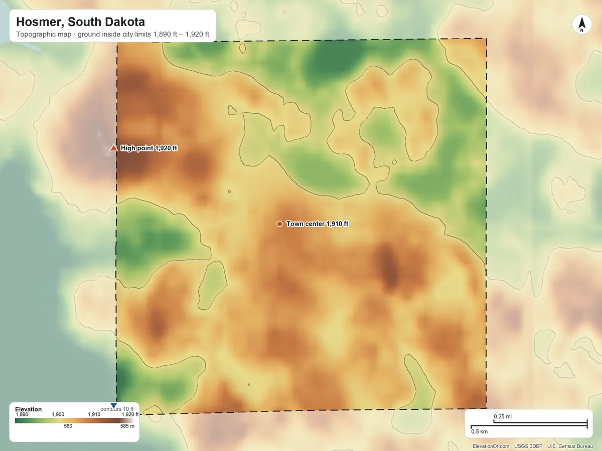 Topographic elevation map of Hosmer, South Dakota, shaded from 1,890 ft on the southwest side to 1,920 ft on the northwest side