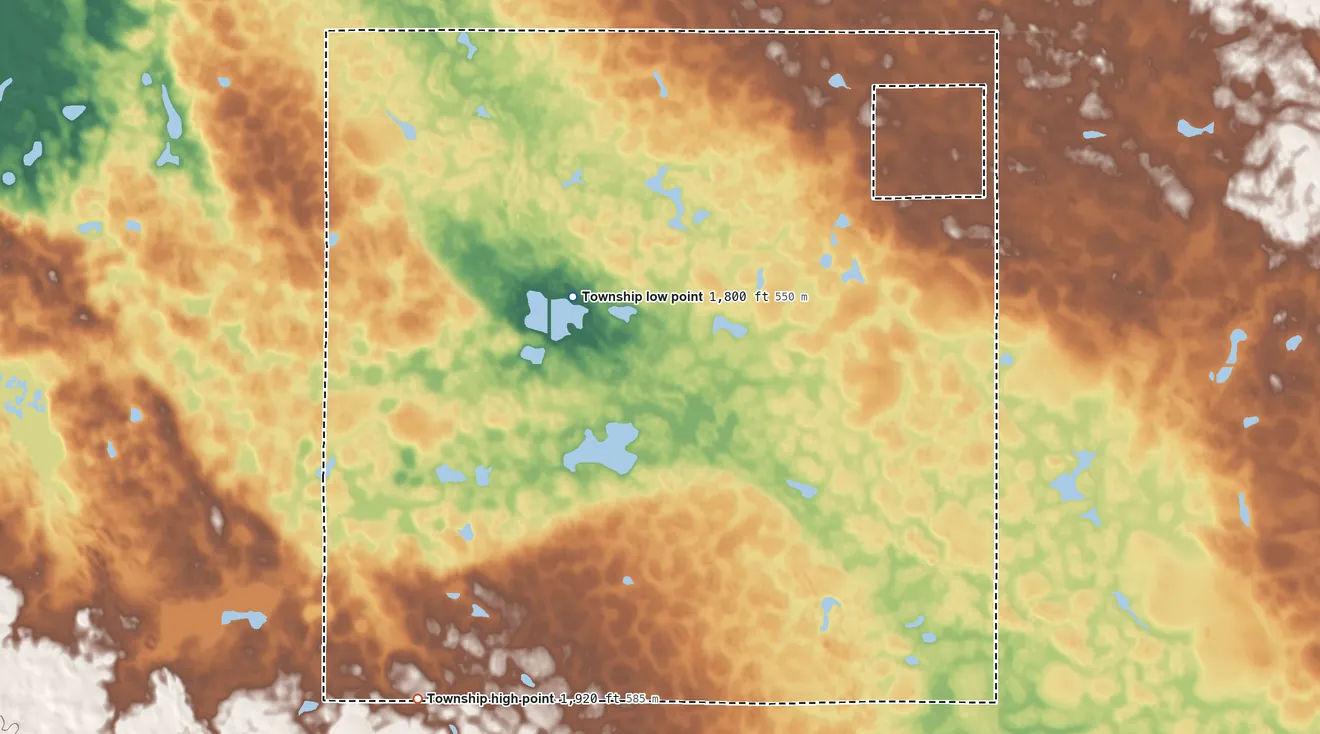 Topographic elevation map of Hosmer Township, South Dakota, shaded from 1,800 ft on the southwest side to 1,920 ft on the southwest side