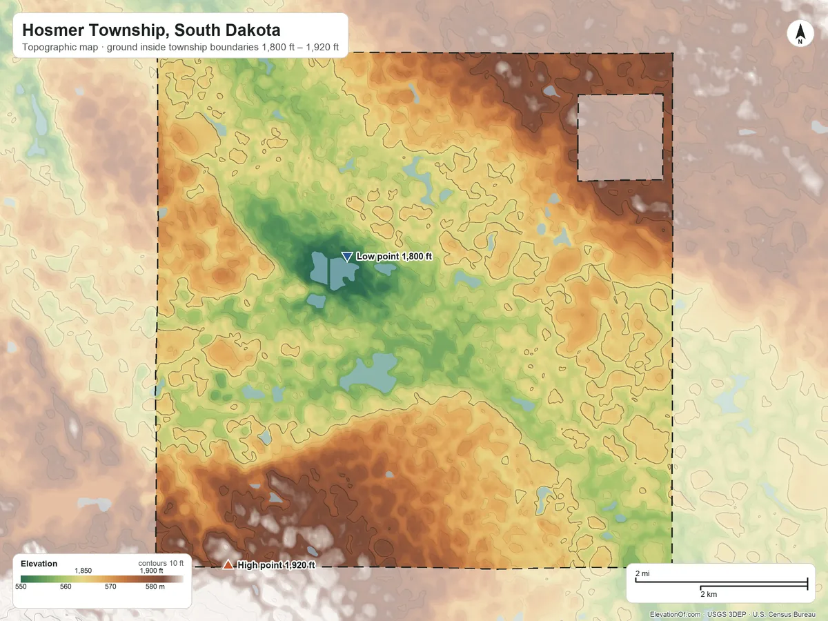 Topographic elevation map of Hosmer Township, South Dakota, shaded from 1,800 ft on the southwest side to 1,920 ft on the southwest side