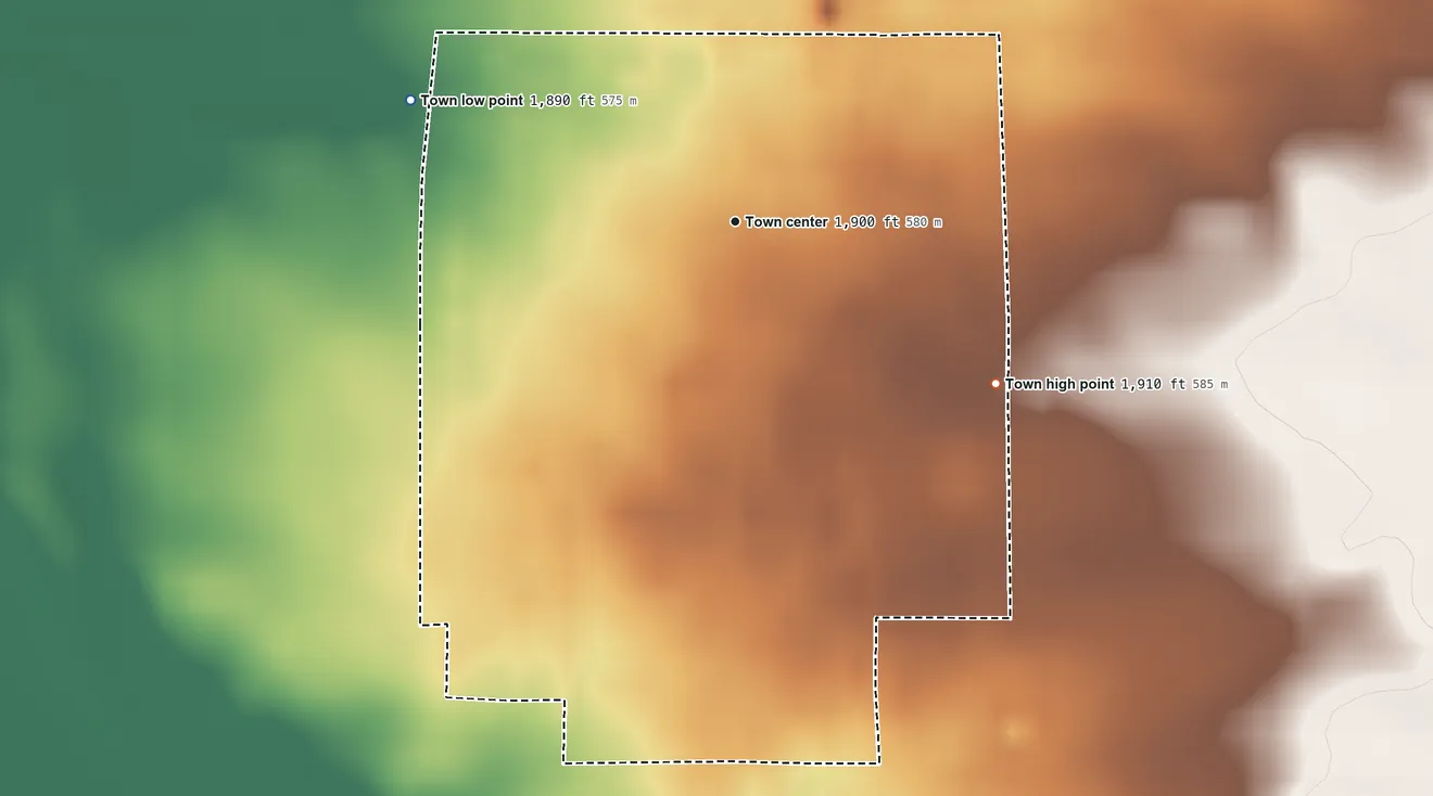 Topographic elevation map of Hoven, South Dakota, shaded from 1,890 ft on the west side to 1,910 ft on the southeast side
