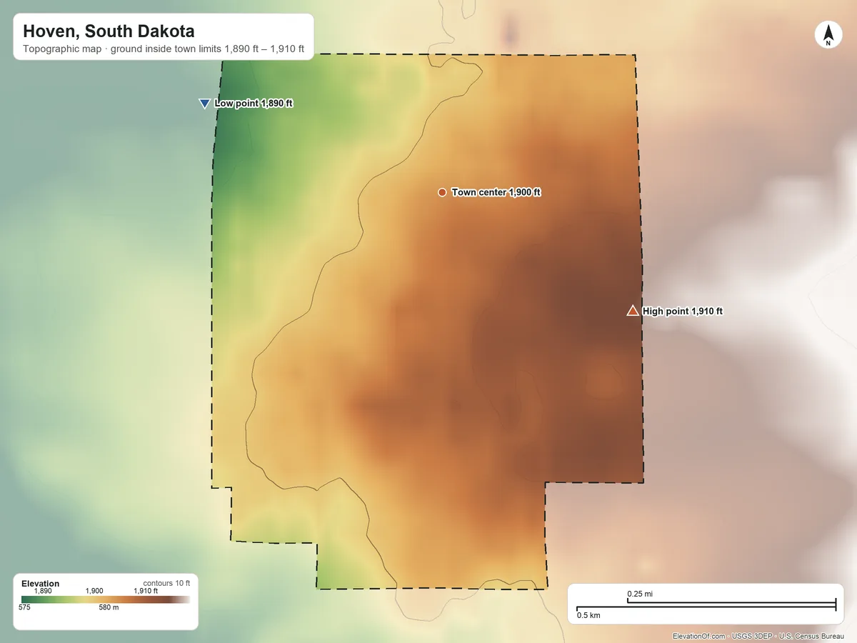 Topographic elevation map of Hoven, South Dakota, shaded from 1,890 ft on the west side to 1,910 ft on the southeast side