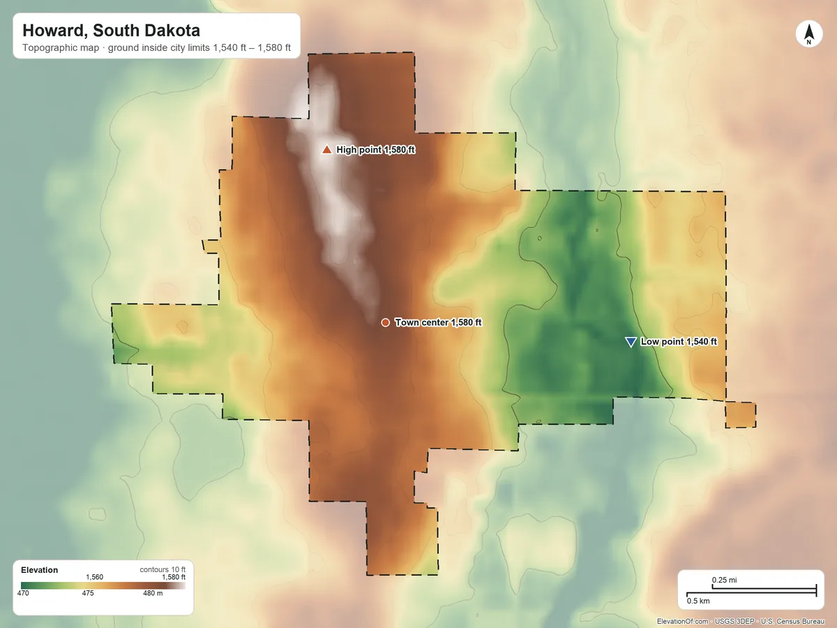 Topographic elevation map of Howard, South Dakota, shaded from 1,540 ft on the east side to 1,580 ft on the north side