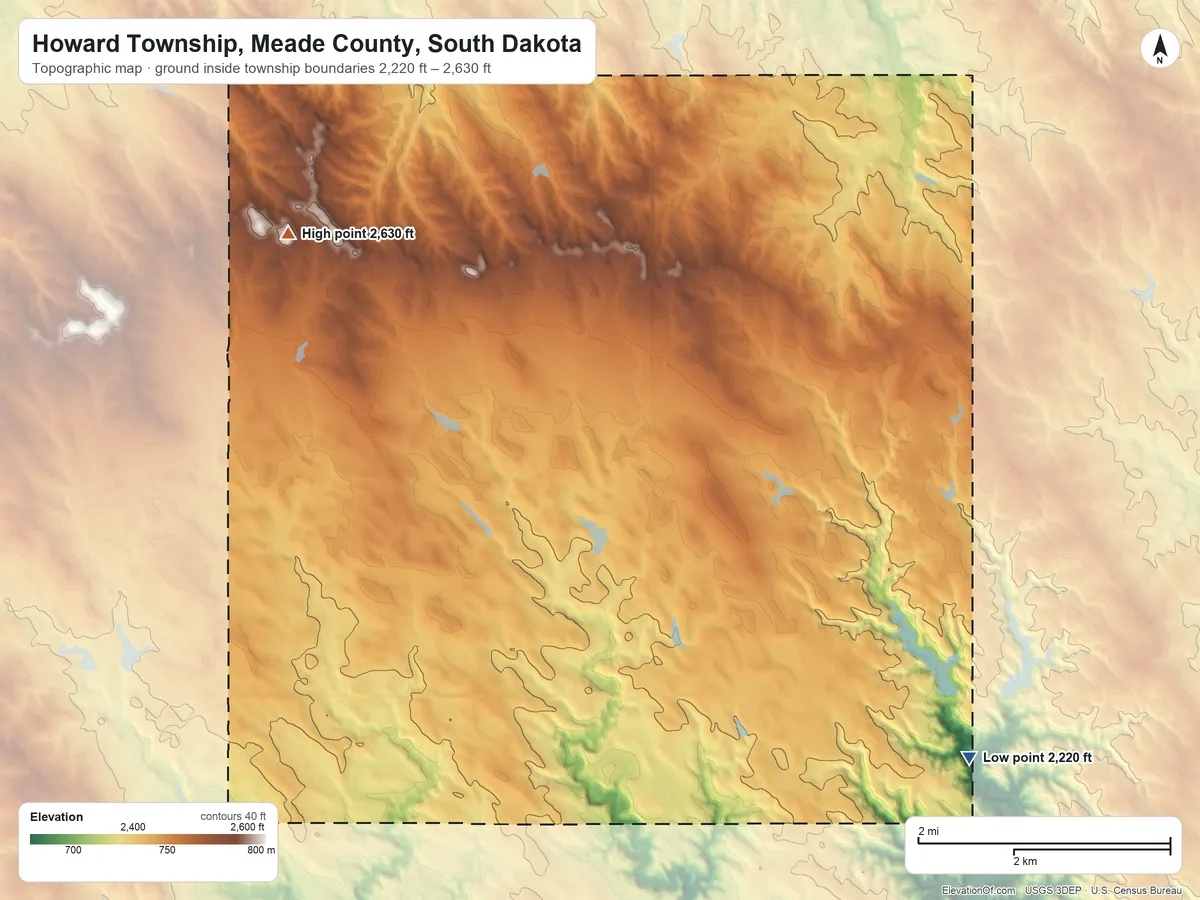 Topographic elevation map of Howard Township, Meade County, South Dakota, shaded from 2,220 ft on the southeast side to 2,630 ft on the northwest side