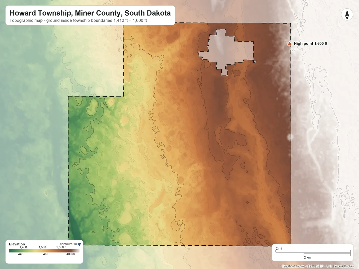 Topographic elevation map of Howard Township, Miner County, South Dakota, shaded from 1,410 ft on the southwest side to 1,600 ft on the northeast side