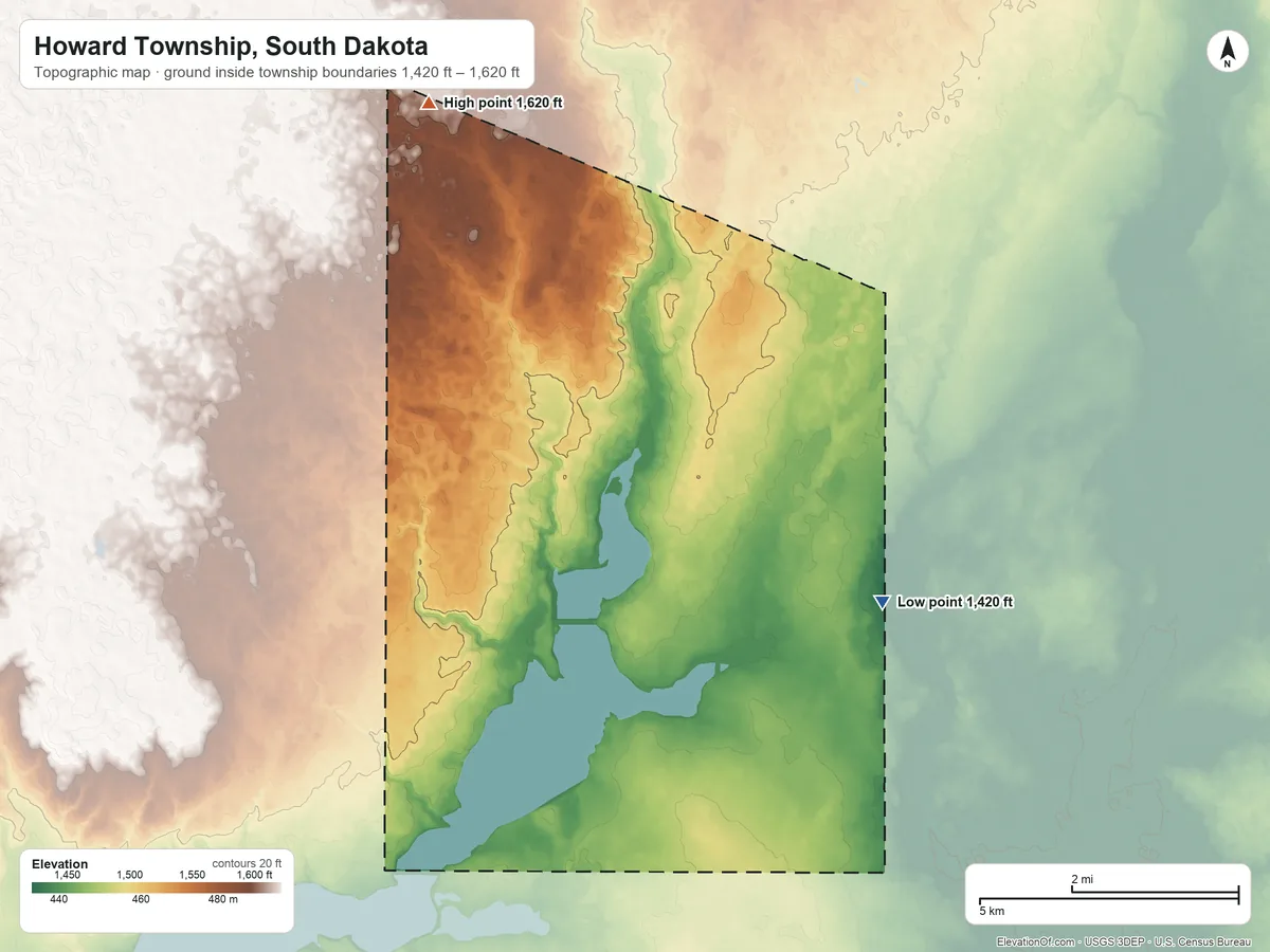 Topographic elevation map of Howard Township, South Dakota, shaded from 1,420 ft on the east side to 1,620 ft on the north side