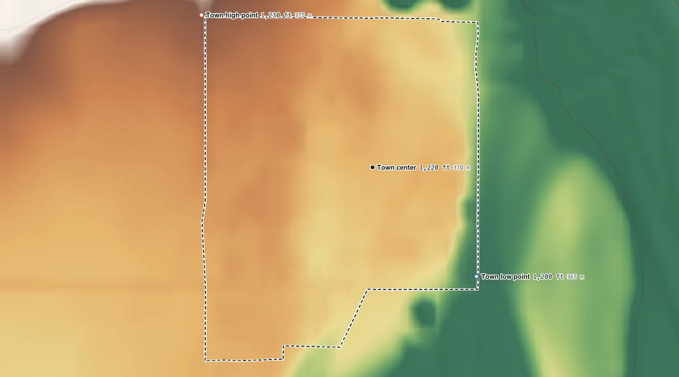 Topographic elevation map of Hudson, South Dakota, shaded from 1,200 ft on the southeast side to 1,230 ft on the northwest side