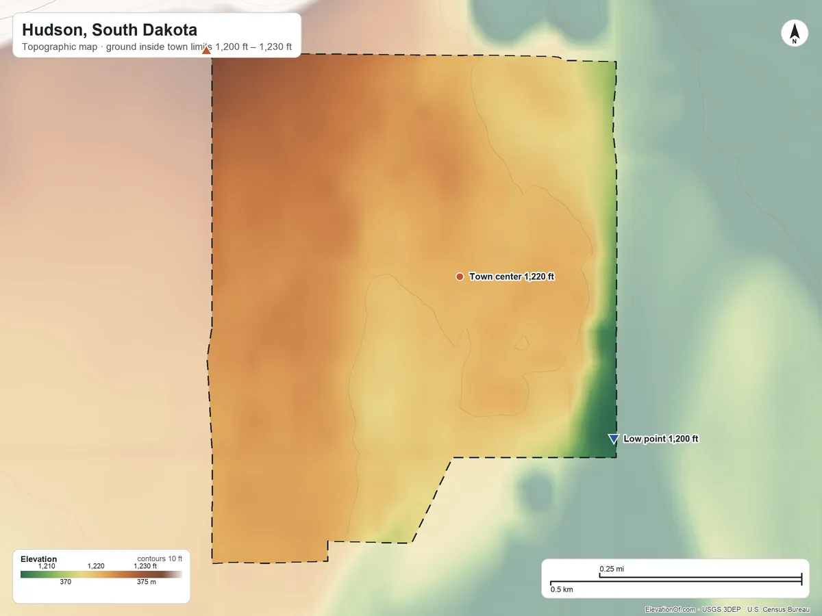 Topographic elevation map of Hudson, South Dakota, shaded from 1,200 ft on the southeast side to 1,230 ft on the northwest side