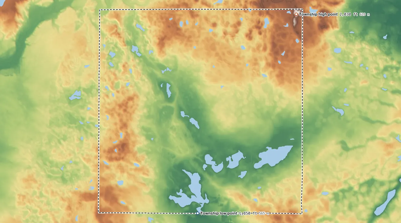 Topographic elevation map of Hudson Township, South Dakota, shaded from 1,850 ft on the south side to 2,030 ft on the northeast side